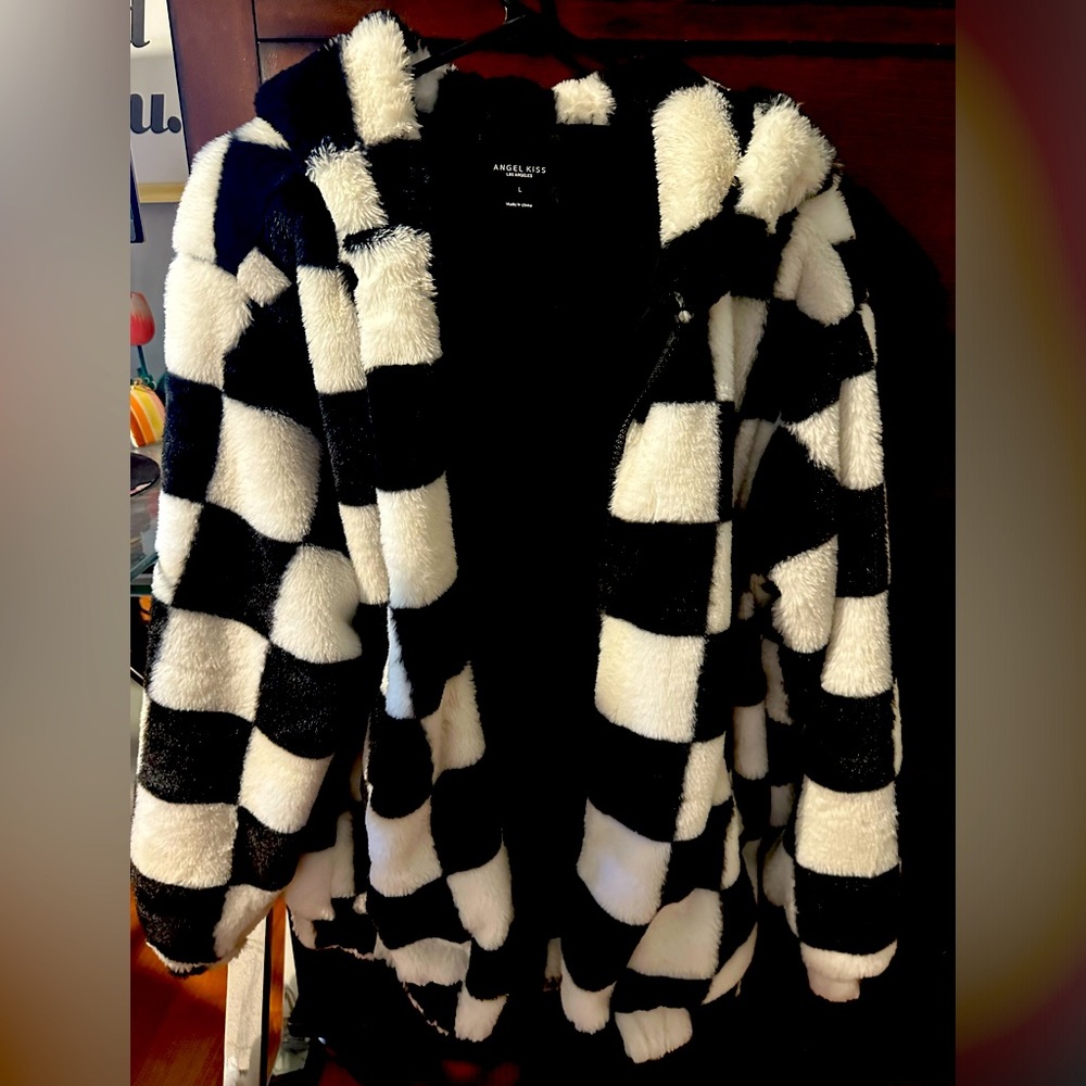 Checkered Fur Coat with hood